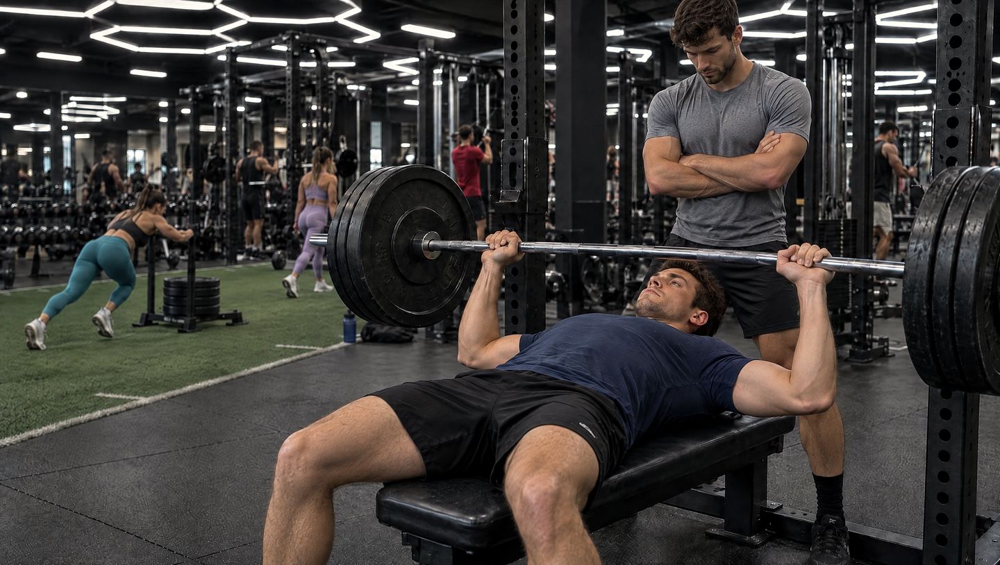 Two friends in a busy gym under honeycomb lights: one bench presses a loaded barbell while the other stands behind him, arms crossed, watching the rep. Behind them a woman pushes a sled across the turf.
