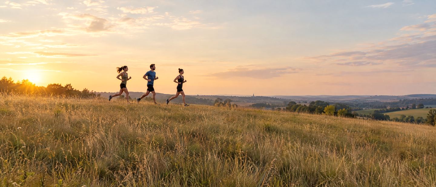Three friends running across a golden meadow at sunset.