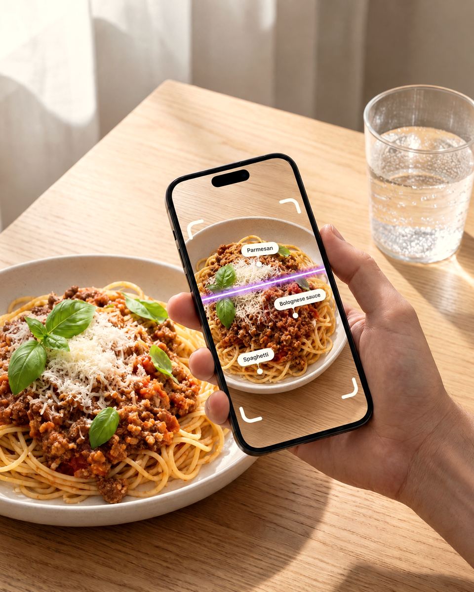 A hand holding an iPhone over a plate of spaghetti bolognese, the camera scanning it and labelling the spaghetti, bolognese sauce and parmesan.