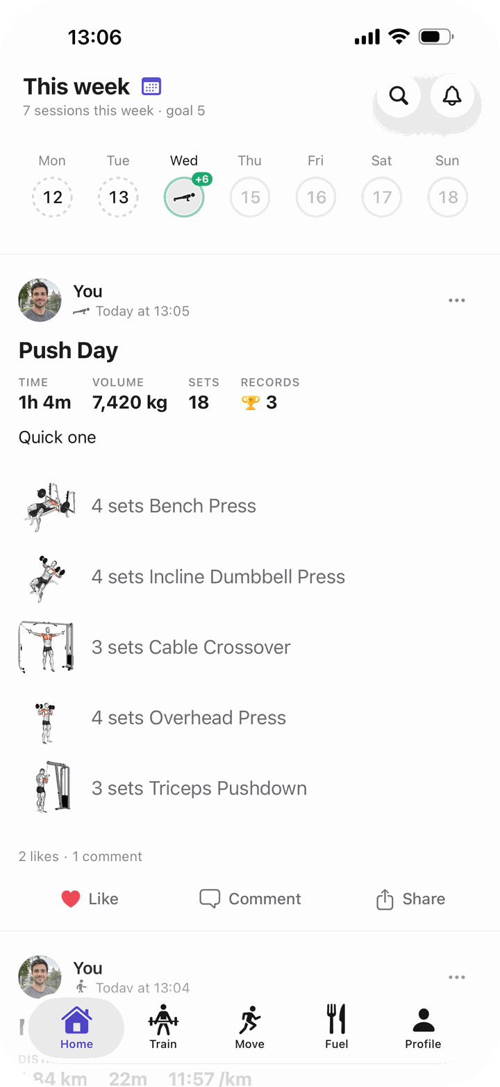 Bayda’s Home on an iPhone: this week’s sessions above your Push Day workout.