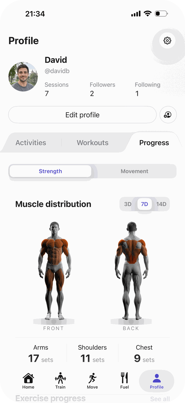 Bayda’s Progress page: a front and back body map with the trained muscles in orange.